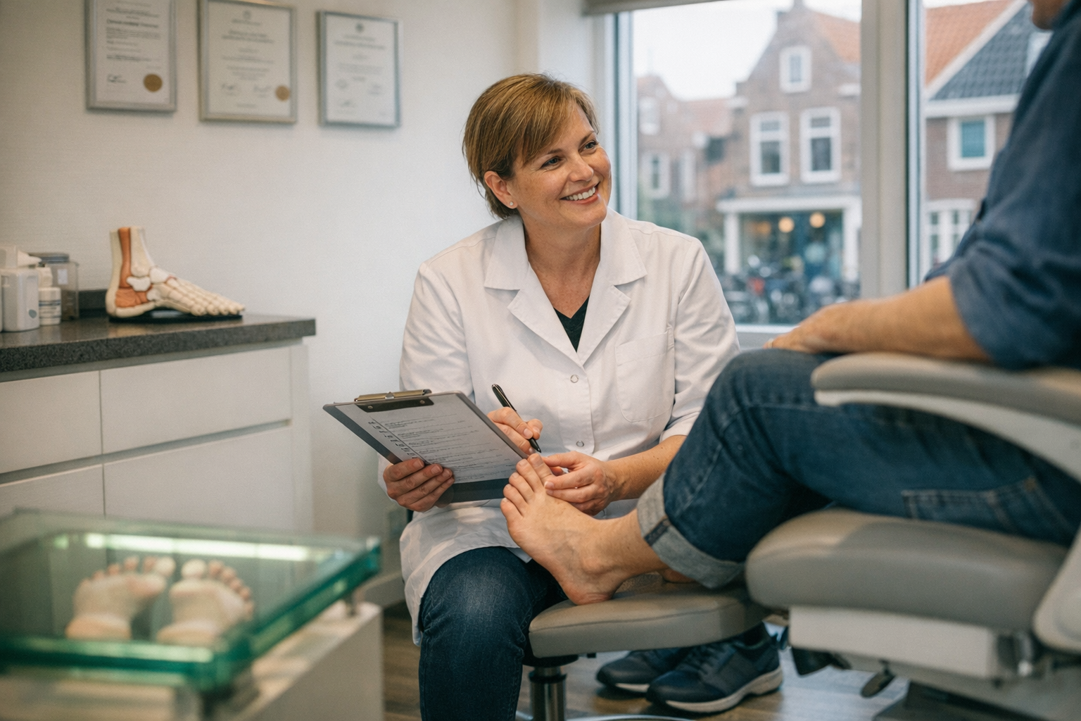 Podotherapeut onderzoekt voet in praktijk