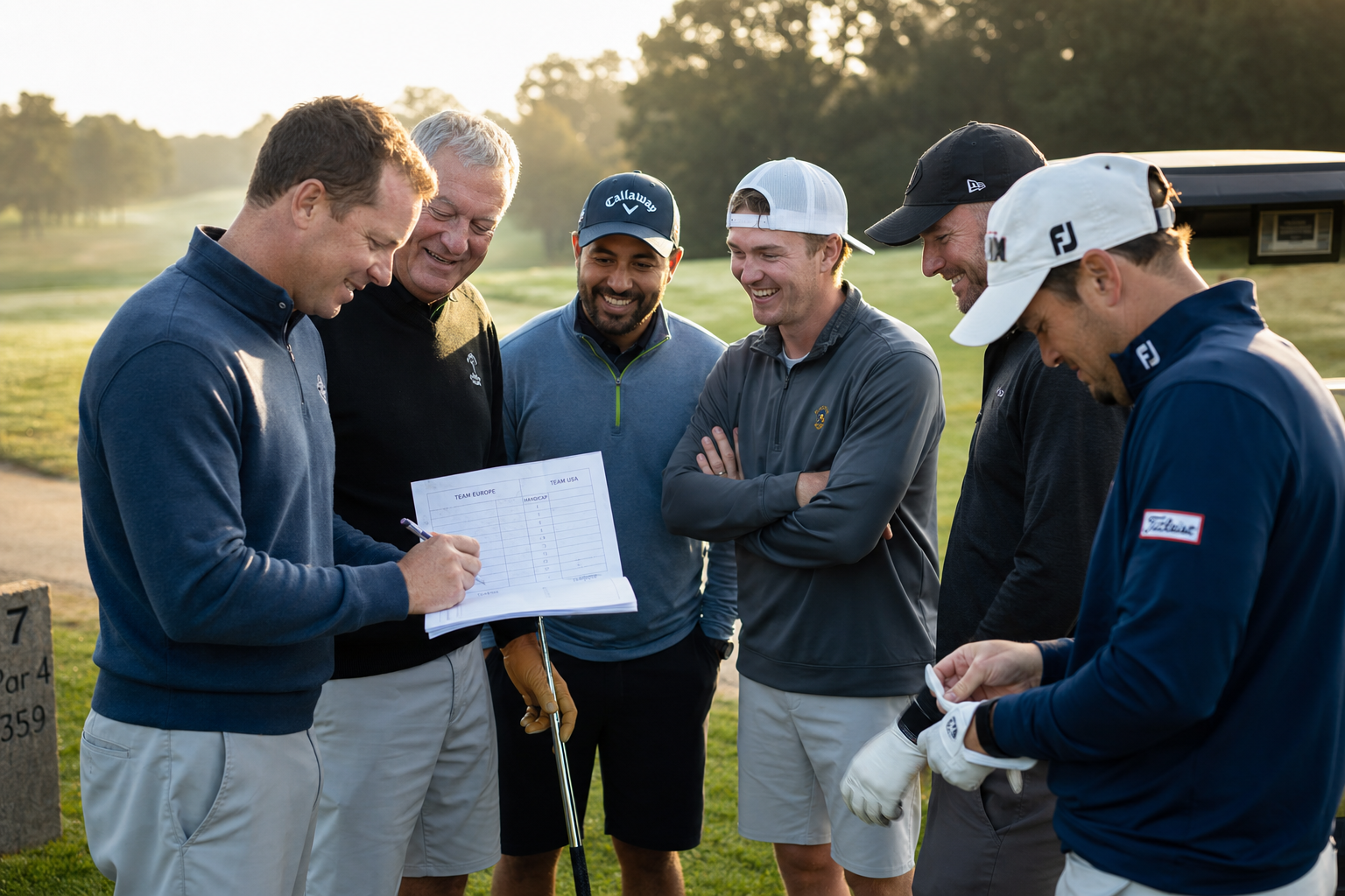 Groep vrienden op de golfbaan